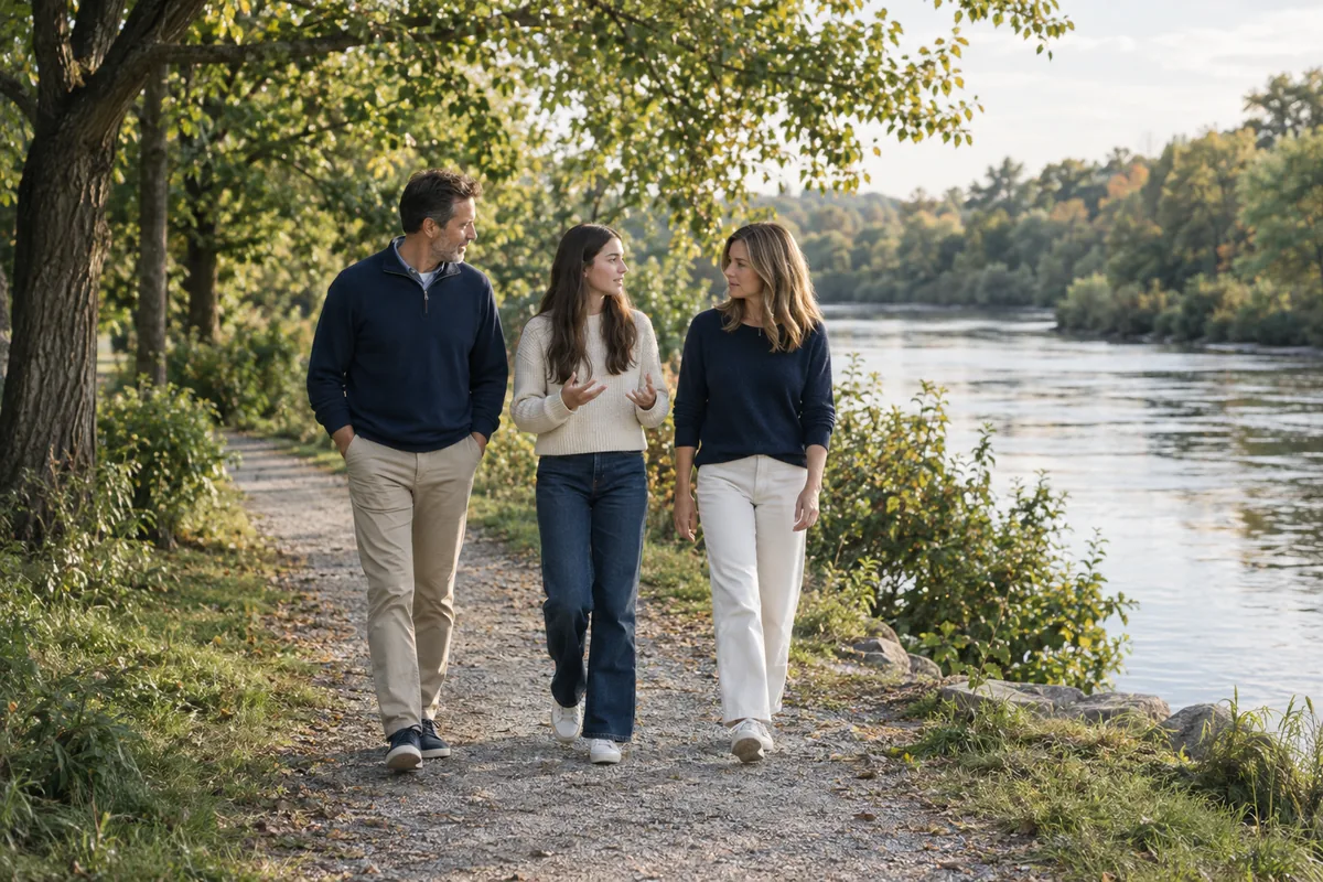 A family taking an unhurried walk beside the water on a leafy neighbourhood path