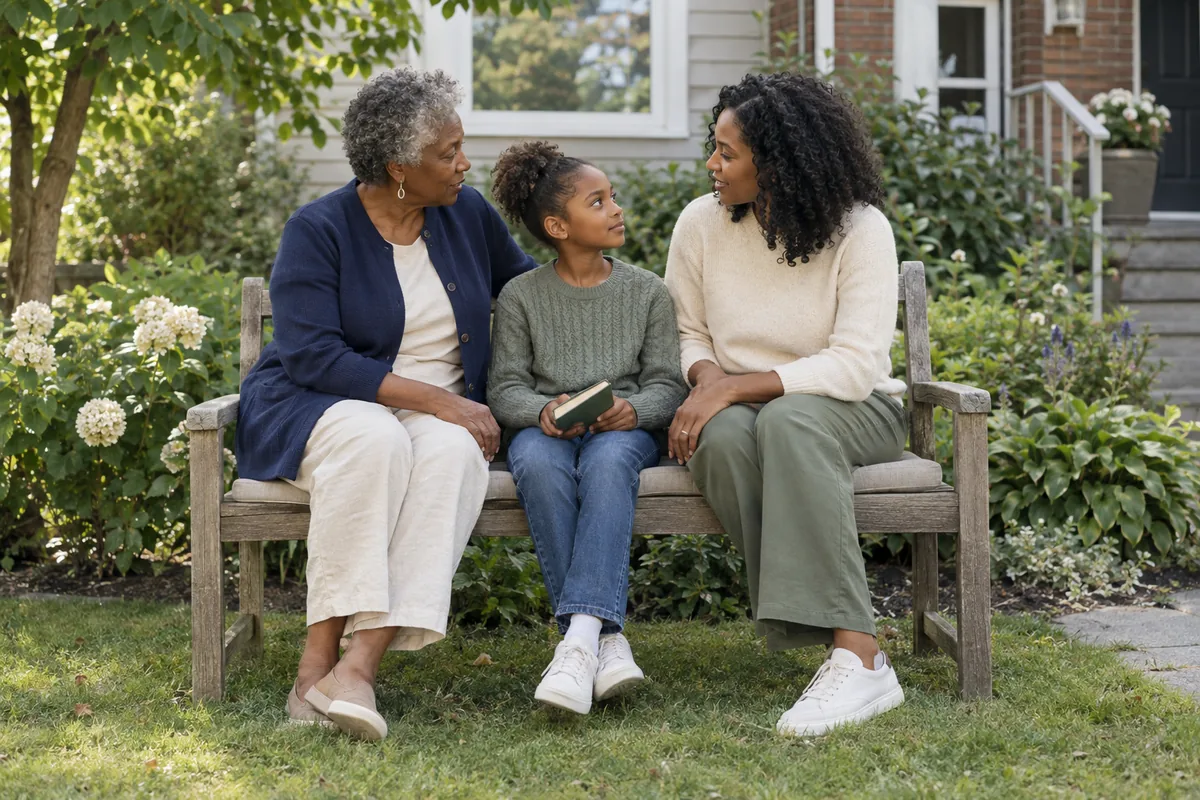 A grandmother, her adult daughter and a child sharing an afternoon in their garden