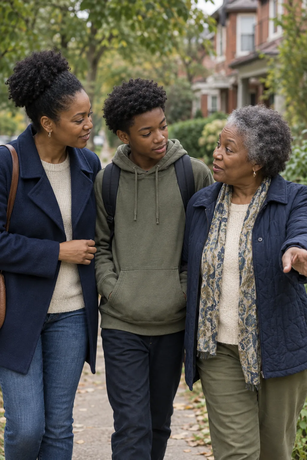 Three generations of a family walking together on a tree-lined residential path