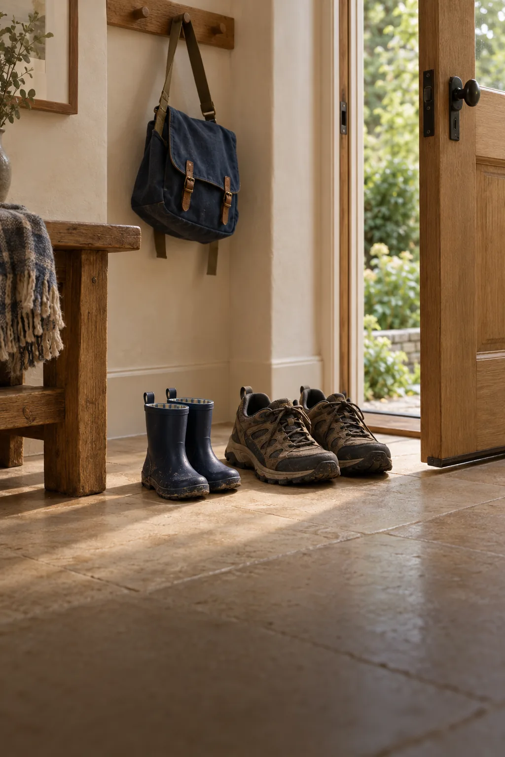 A child’s rain boots beside adult shoes in a sunlit family doorway