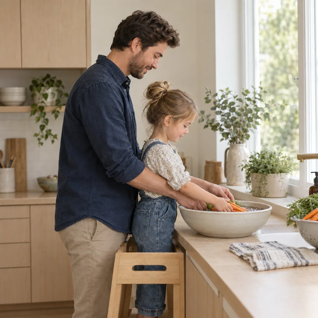 A father helping his young child prepare vegetables in their kitchen