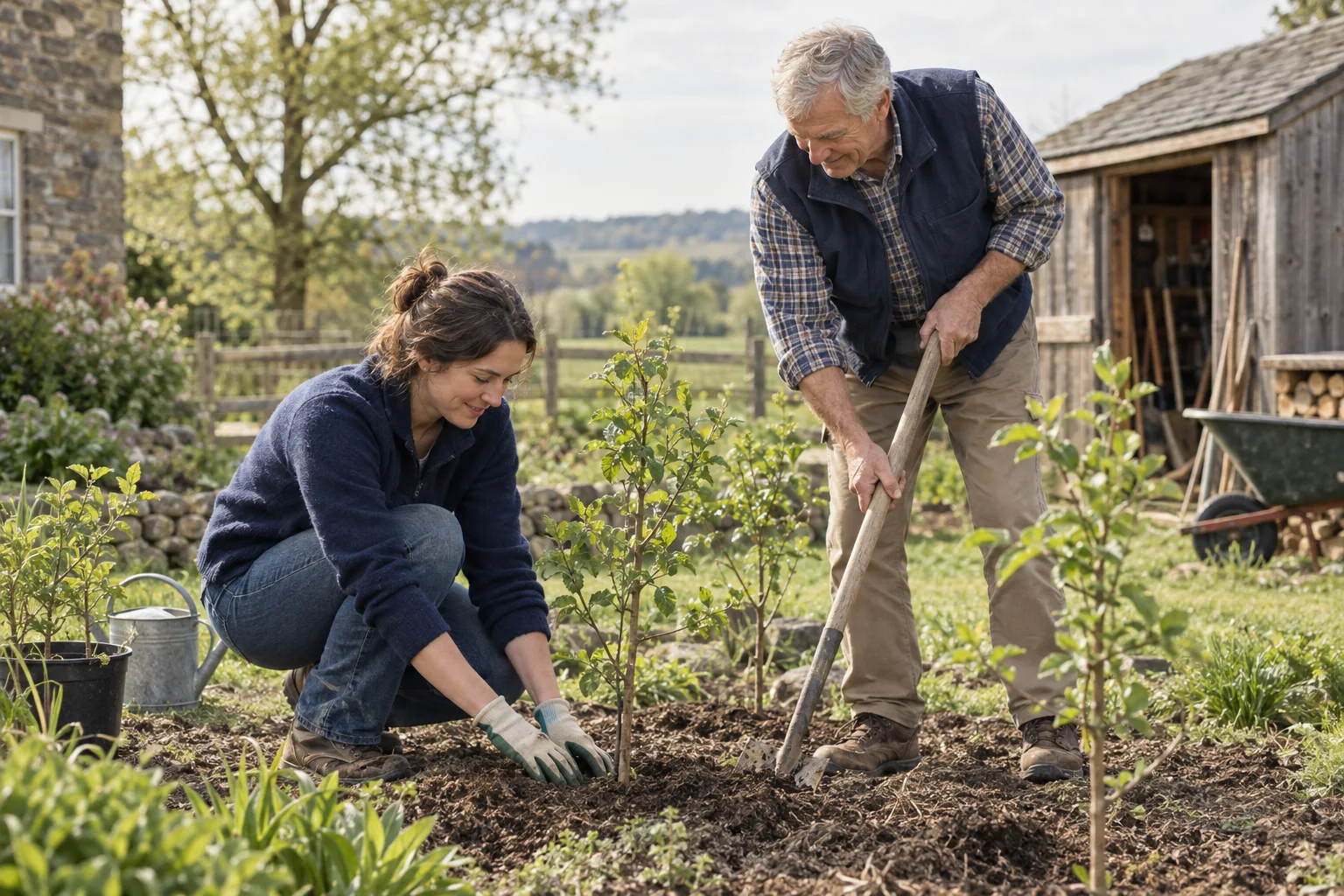 An adult daughter and her father planting saplings in a rural garden