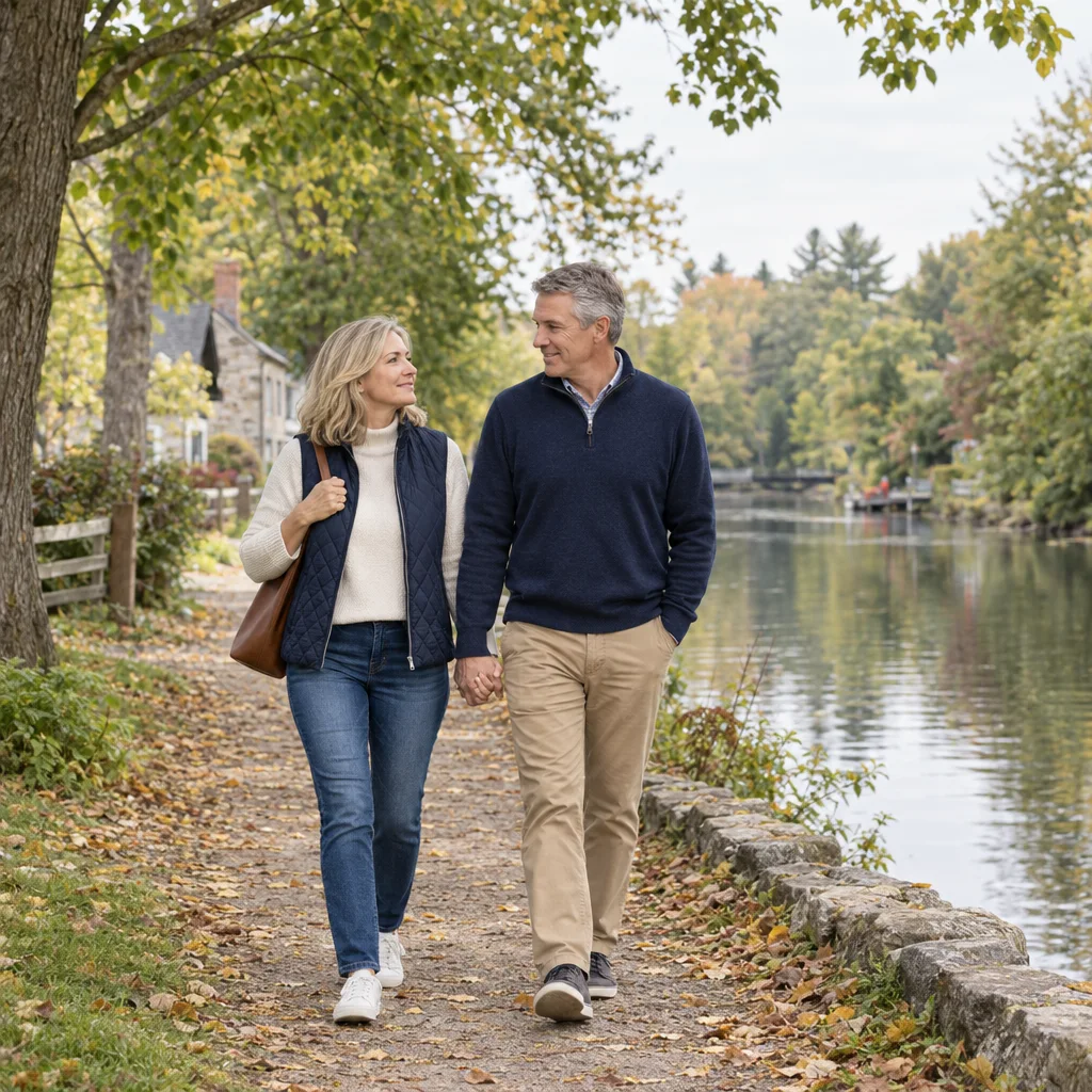 A couple walking beside a quiet village river
