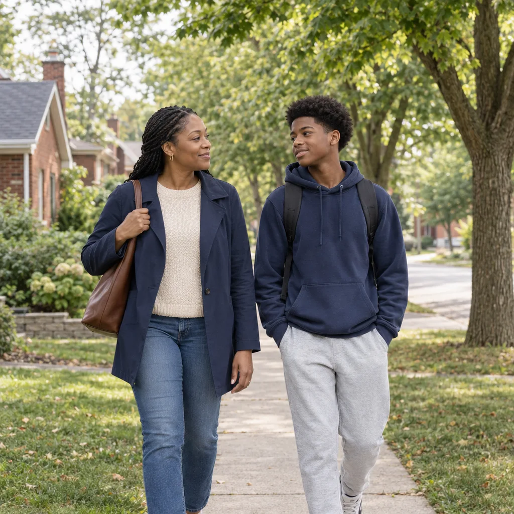 A mother and teenage son walking through a leafy residential neighbourhood