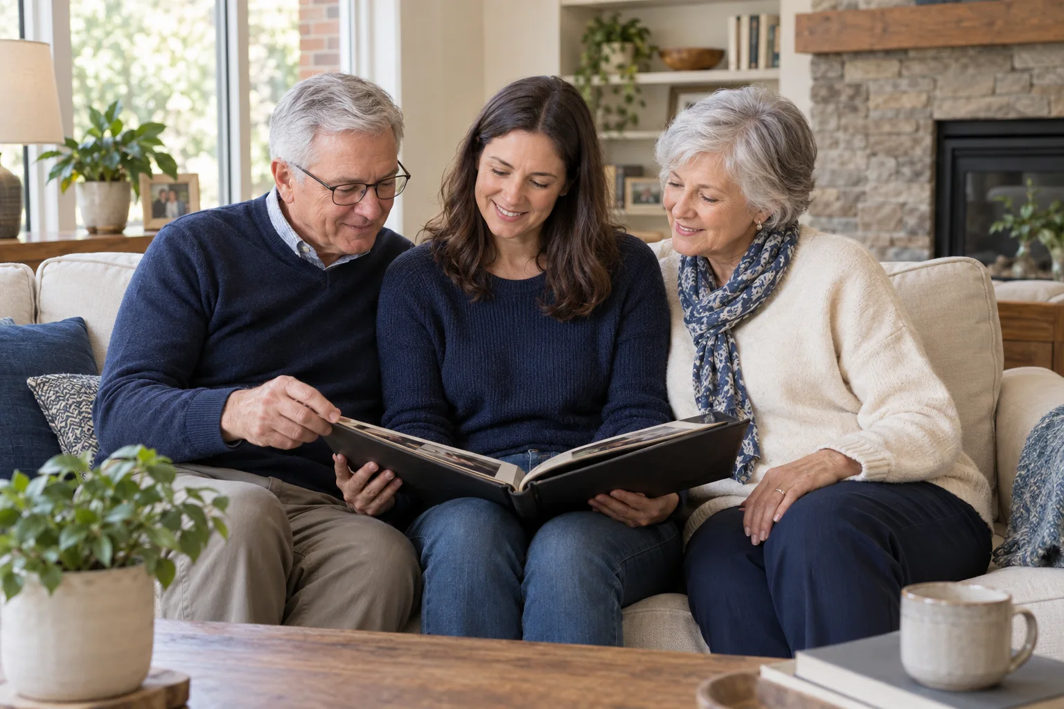 An older couple and their adult daughter looking through a family album