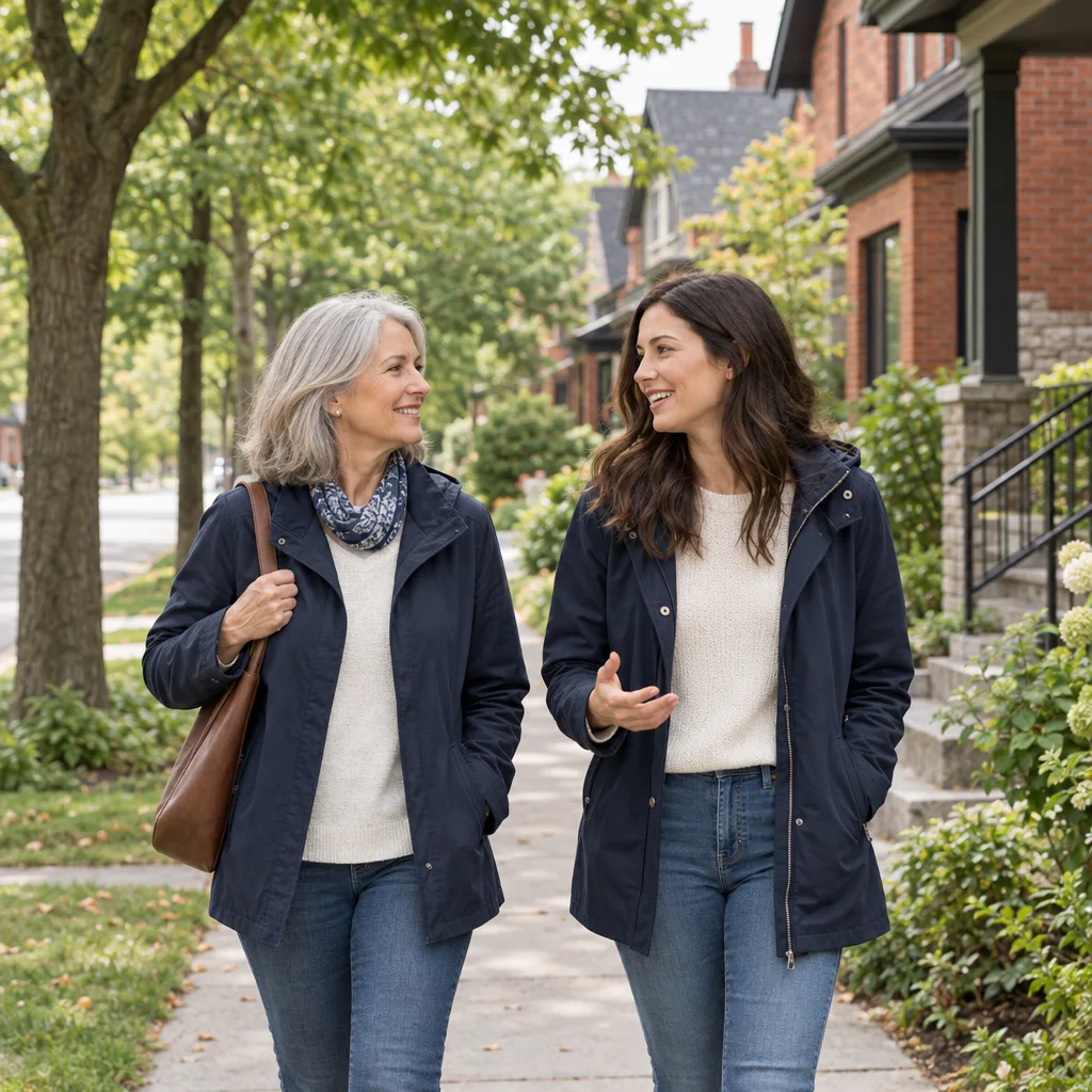 An older woman and her adult daughter walking along a leafy street