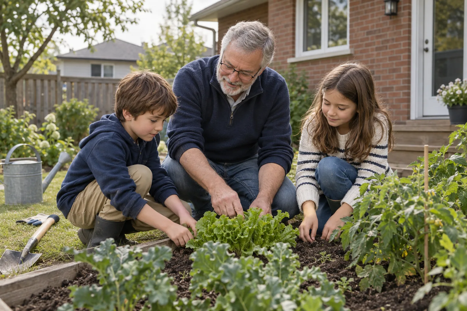 A grandfather and two children tending a vegetable garden