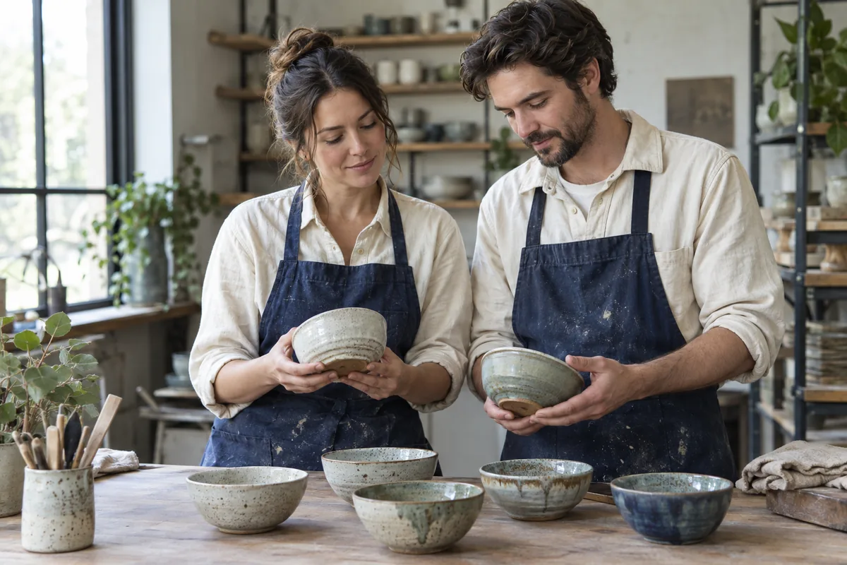 Two pottery studio owners reviewing their finished ceramics
