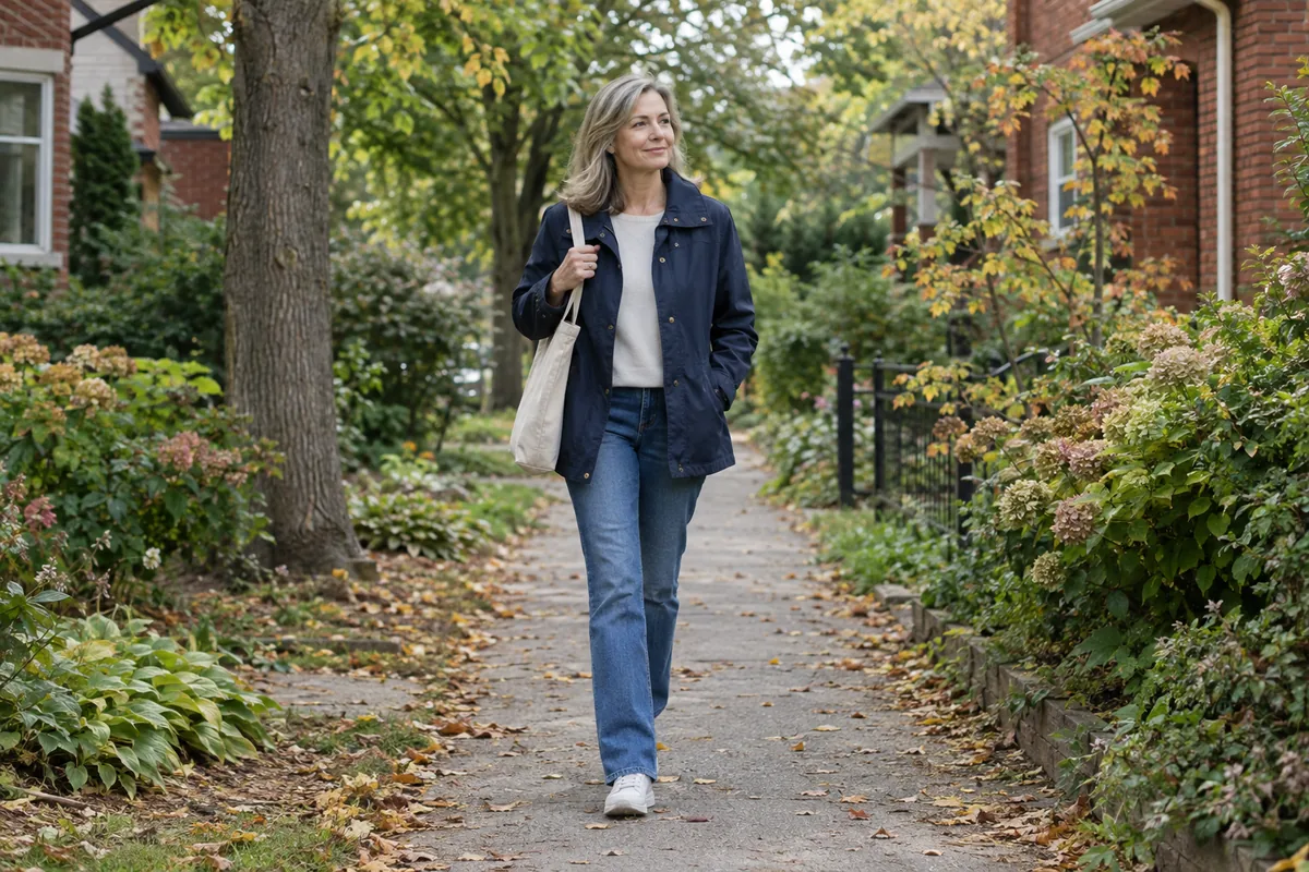 A woman walking along a leafy residential path