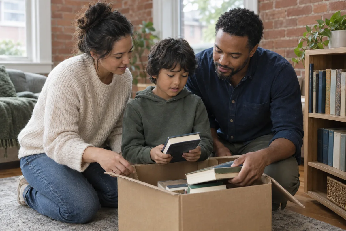 Parents and a child unpacking books in their new home