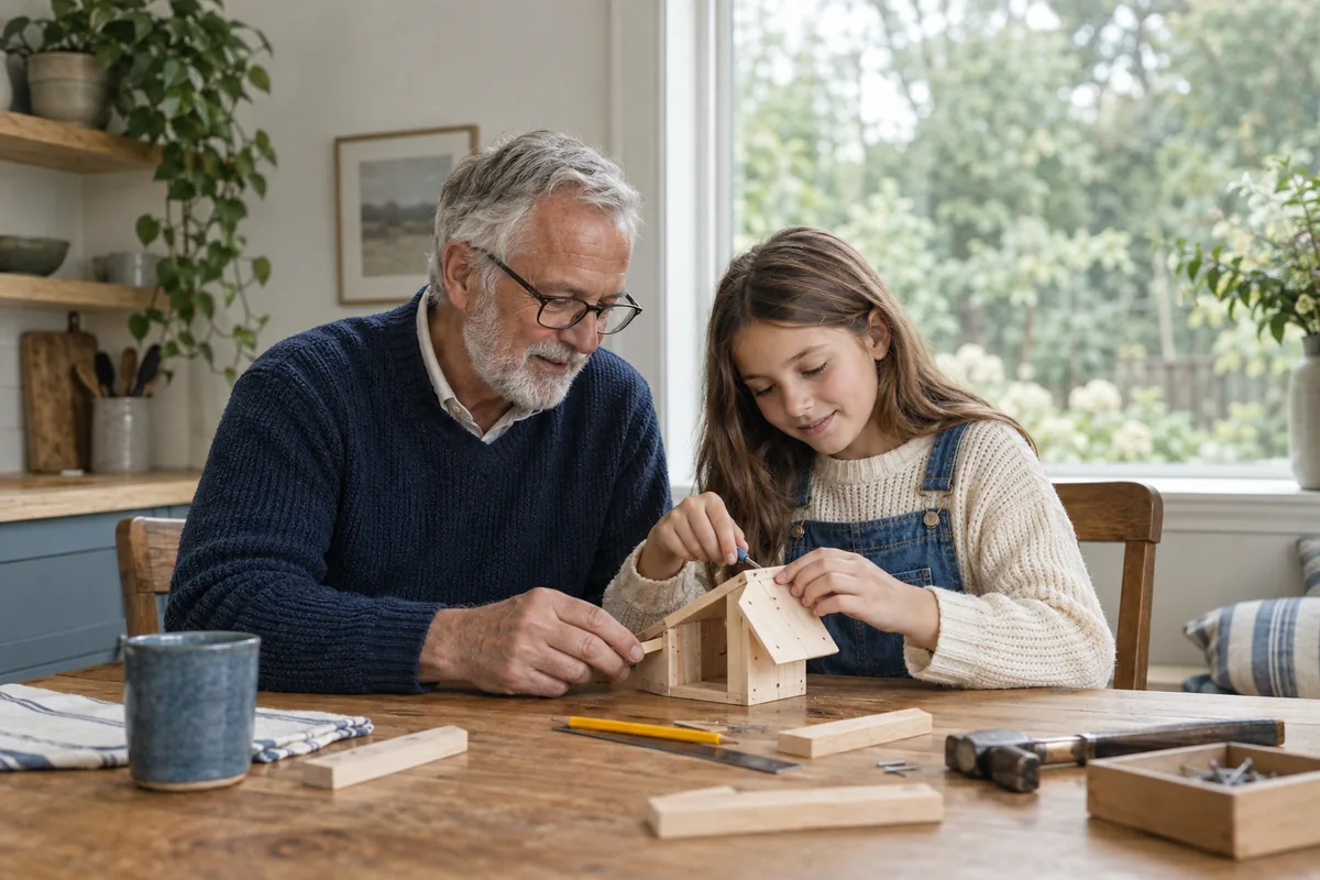 A grandfather and child building a small wooden model together