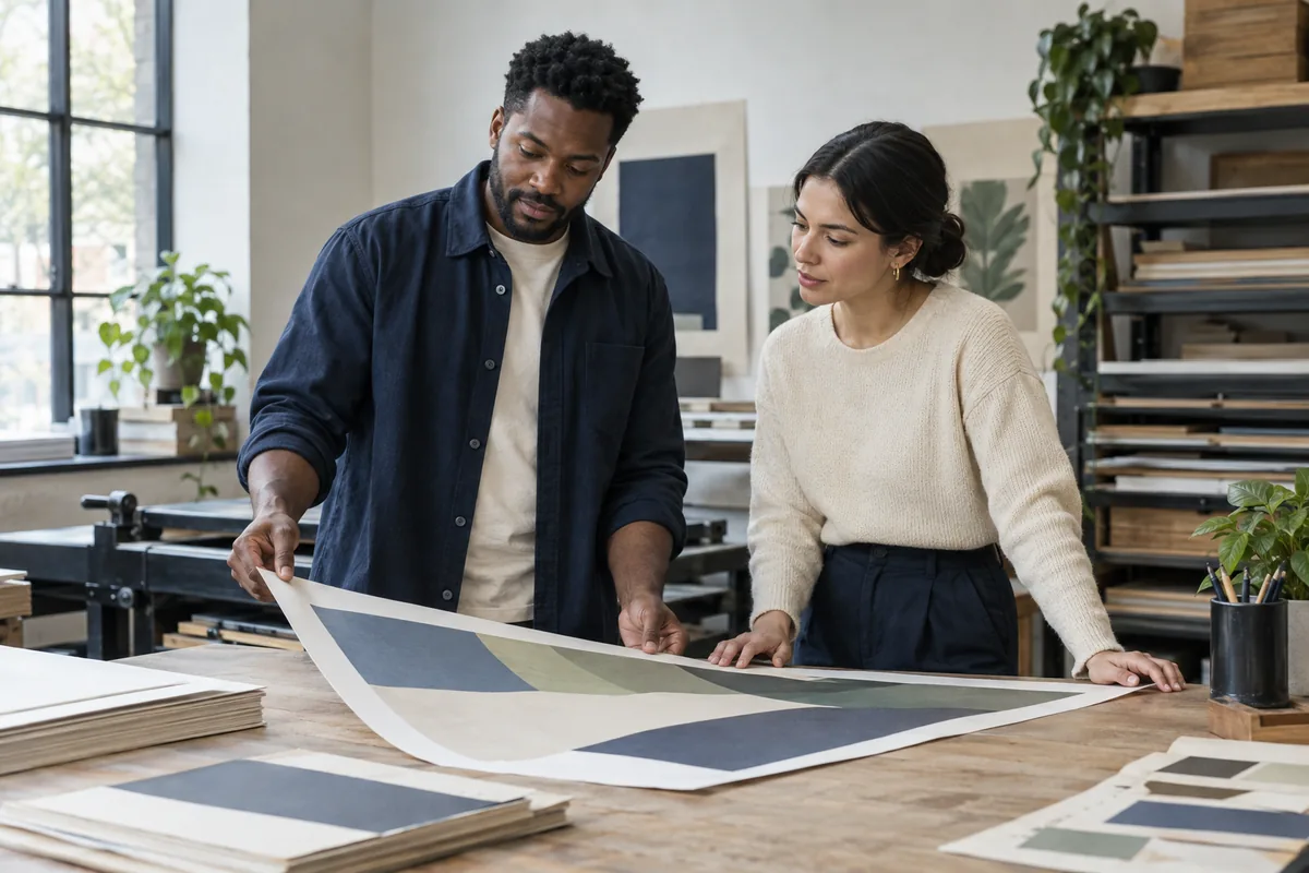 Two professionals reviewing a print sample in a small studio