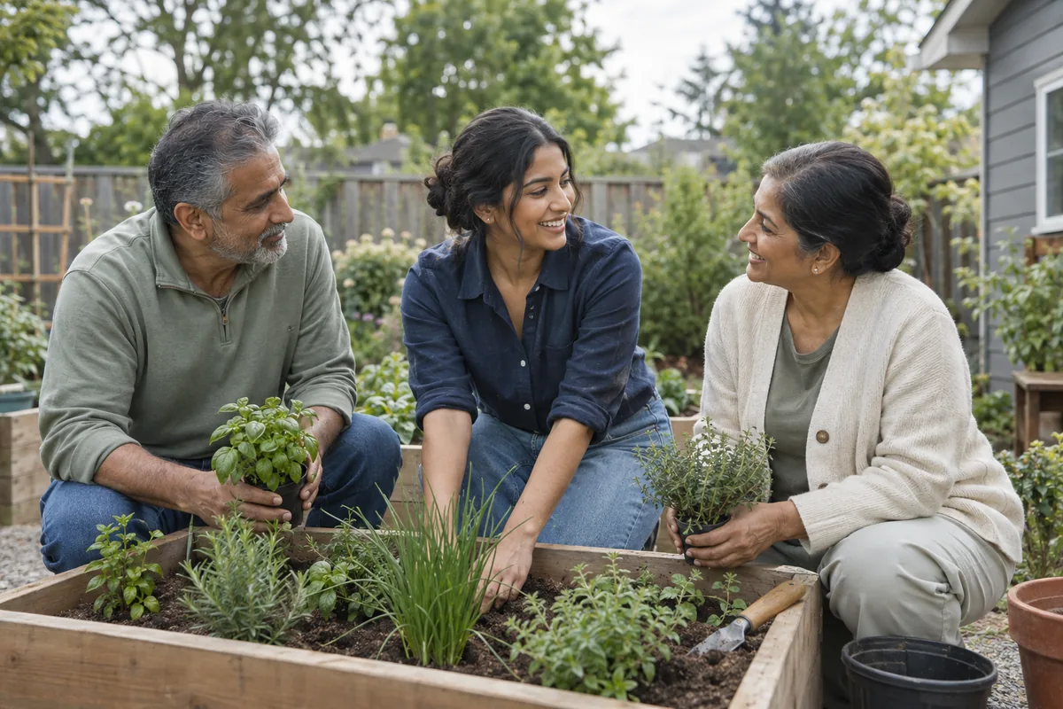 An adult daughter helping her parents tend their garden
