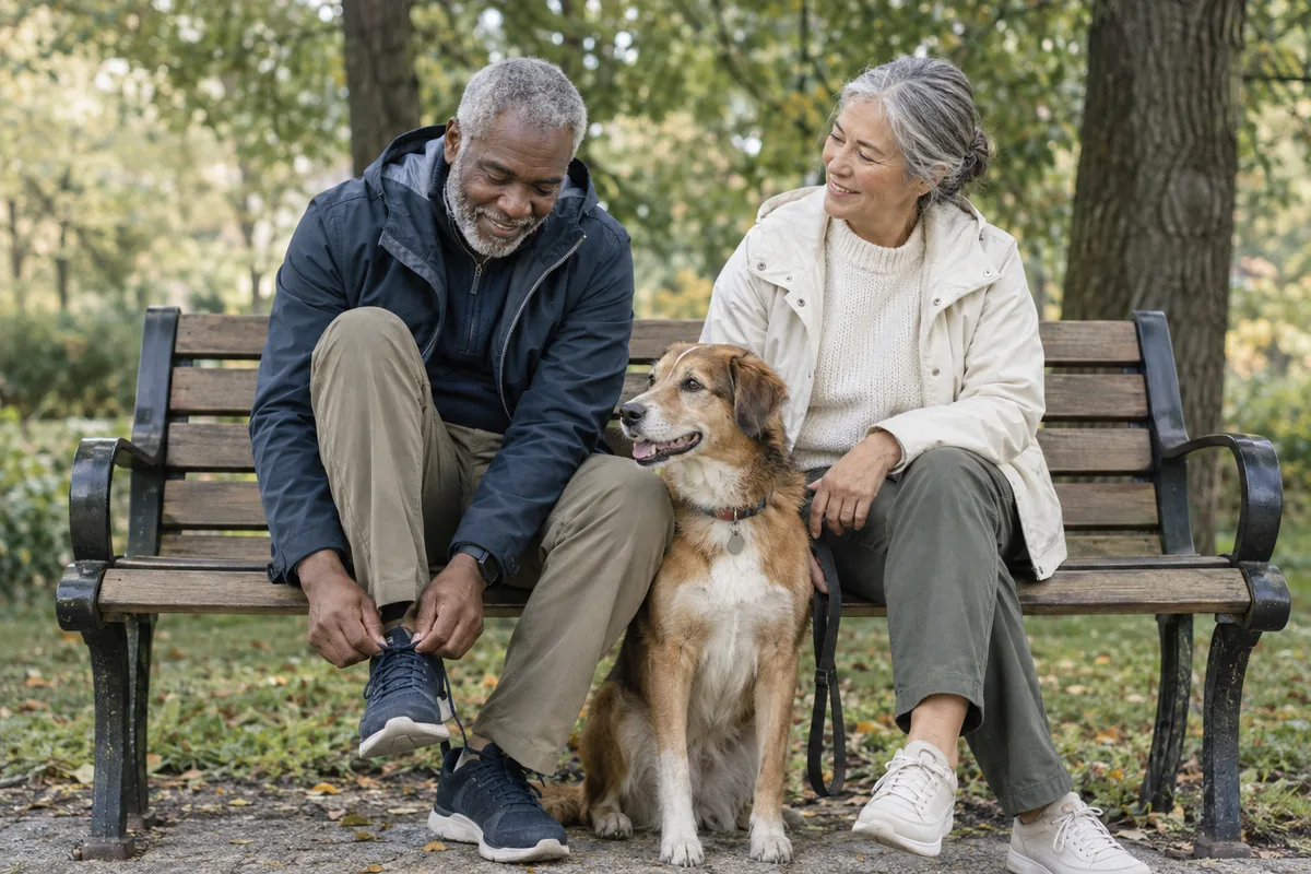 A retired couple pausing with their dog on a park walk