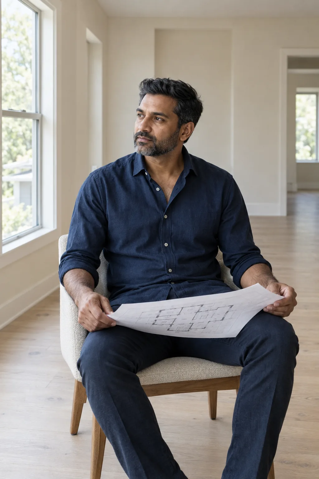 A real estate professional reviewing a floor plan between property viewings