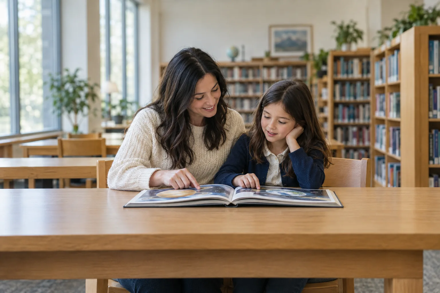 A parent and child reading a book together in a library