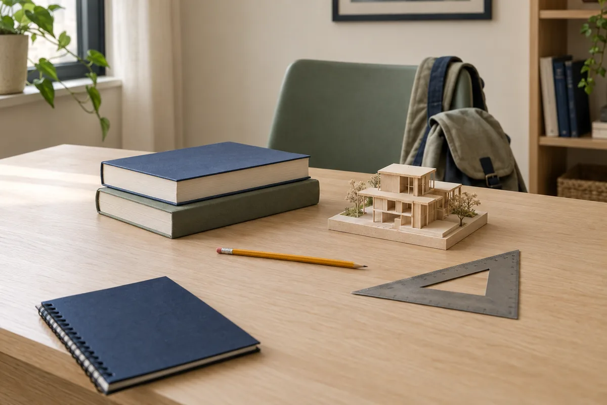Books, drafting tools and an architectural model on a study desk