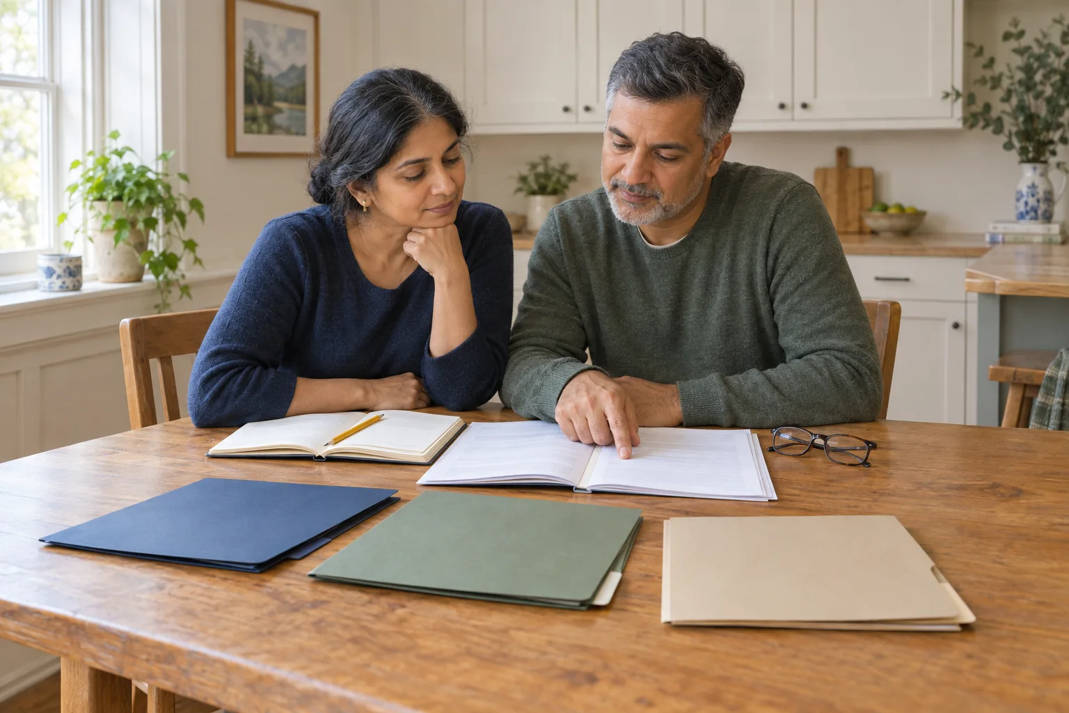 A couple reviewing their retirement documents and income plans together