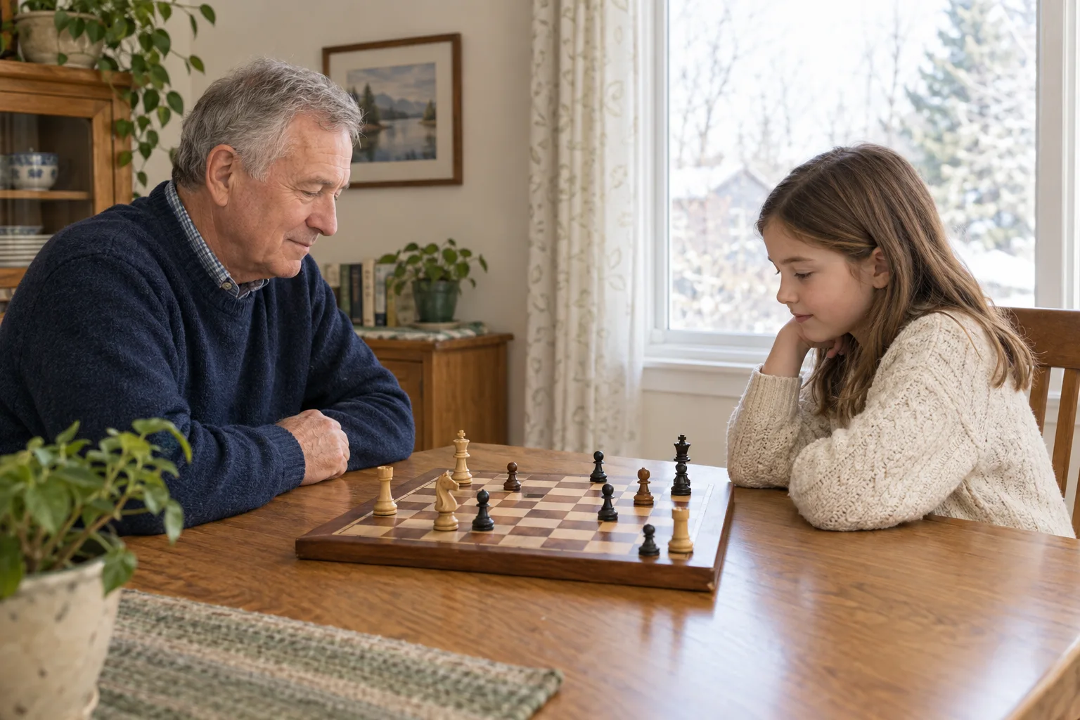 A grandfather and granddaughter enjoying a chess game at home