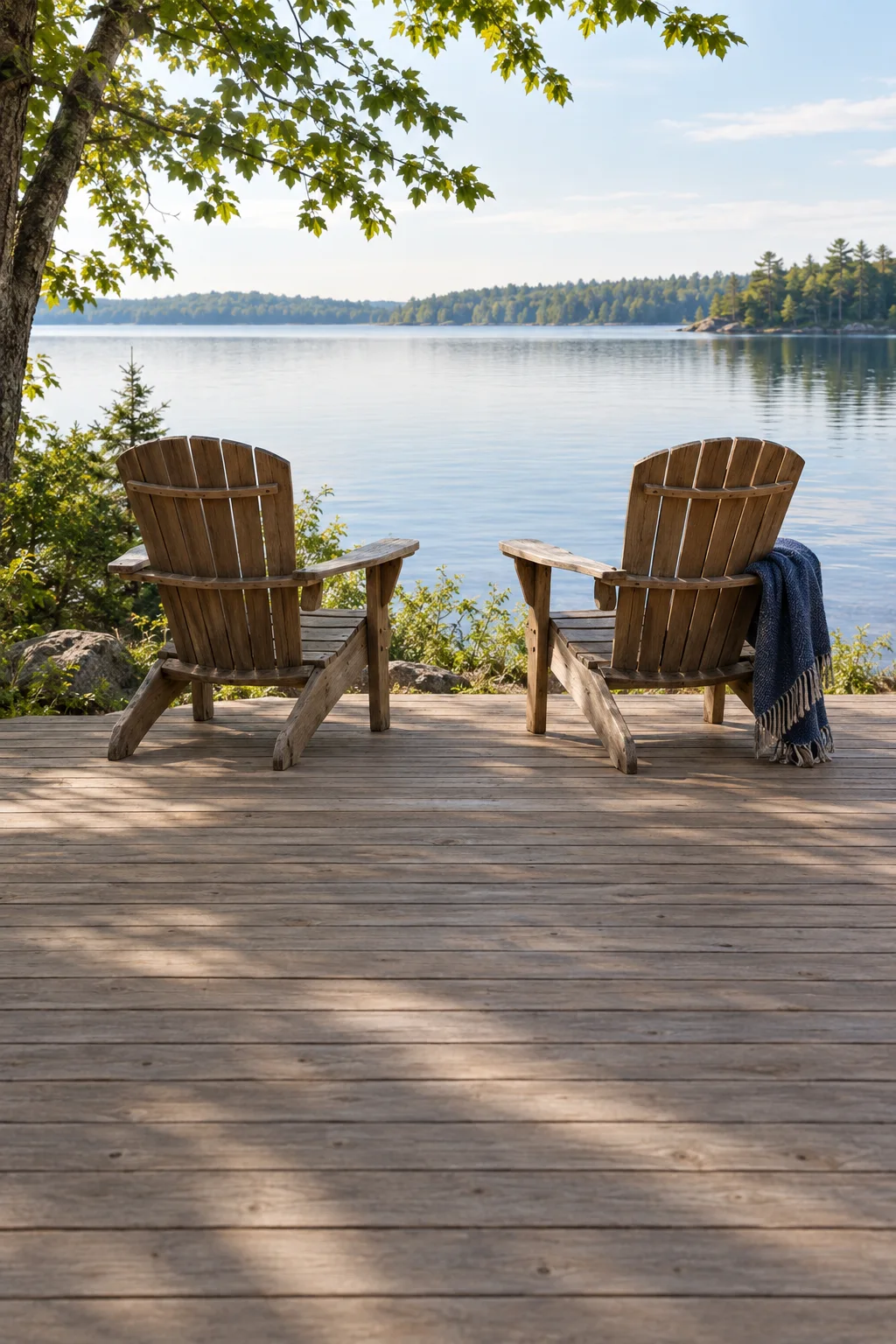 Two wooden chairs overlooking a quiet lake from a shaded deck