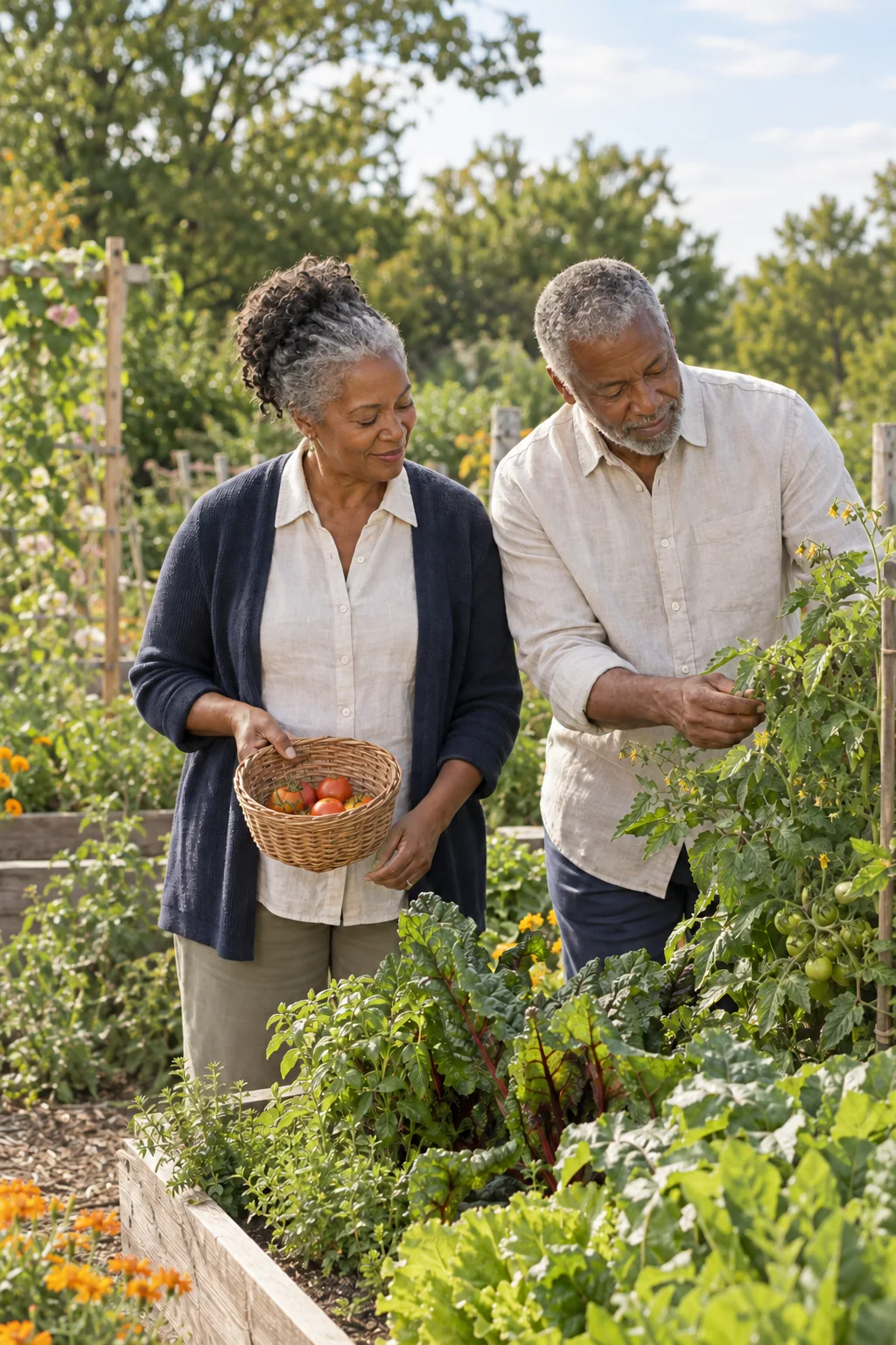 A couple tending vegetables together in a community garden