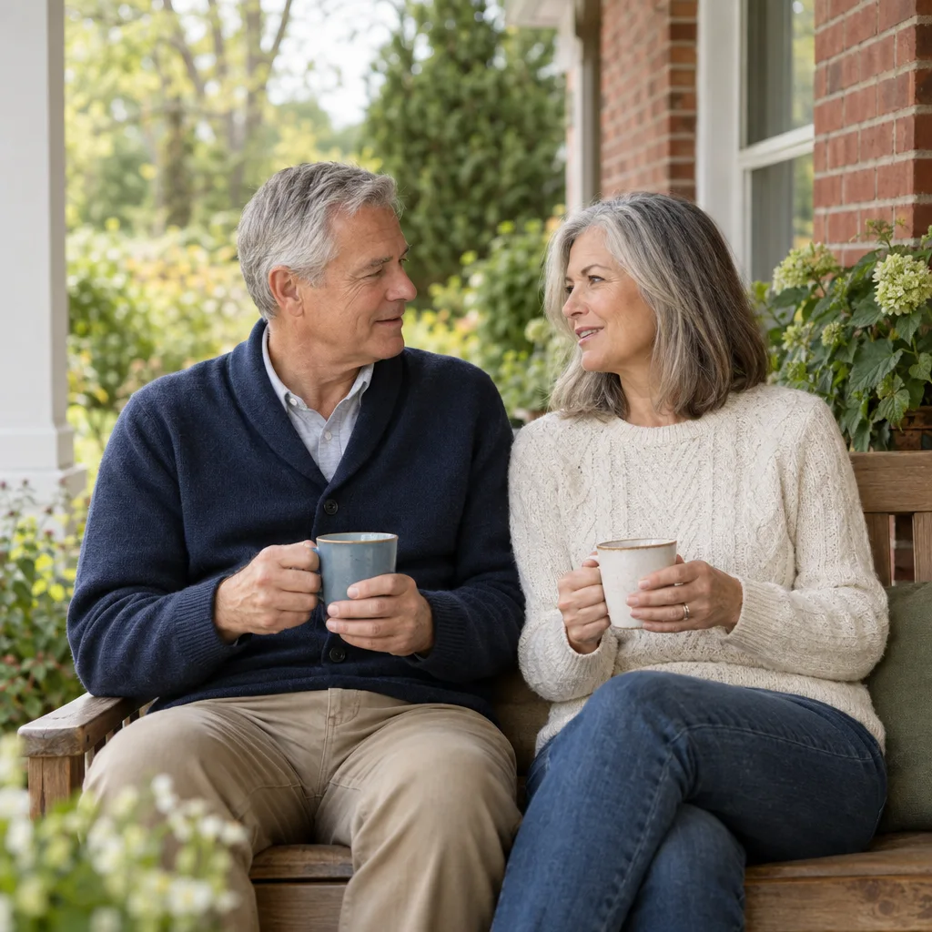An older couple sharing a quiet morning coffee on their porch.