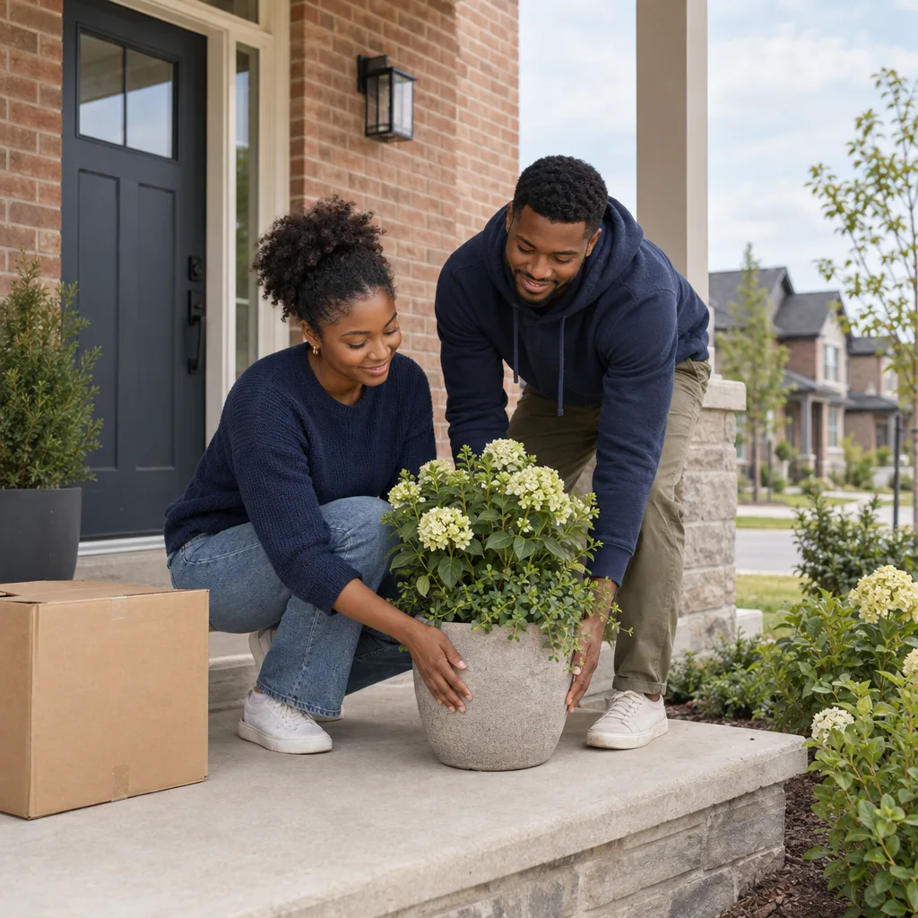 A couple placing a potted plant on the porch of their new home