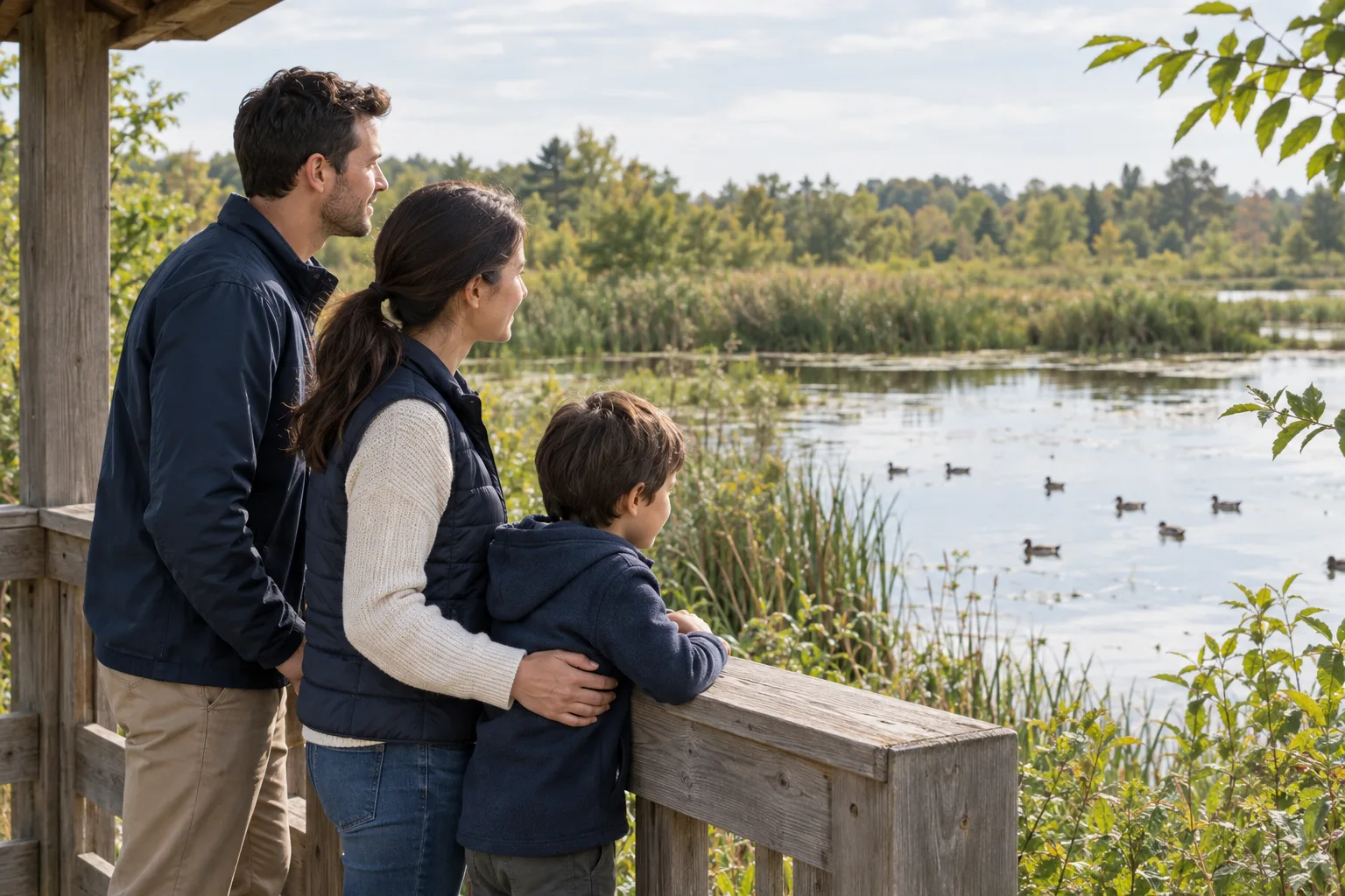 A family watching ducks from a wooden wetland lookout
