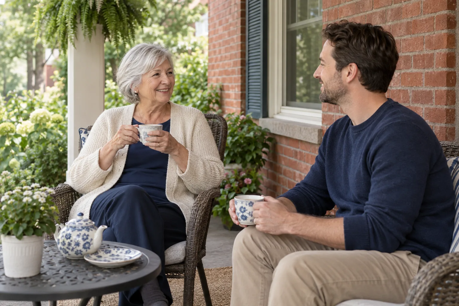 An older woman and her adult son sharing tea on a porch