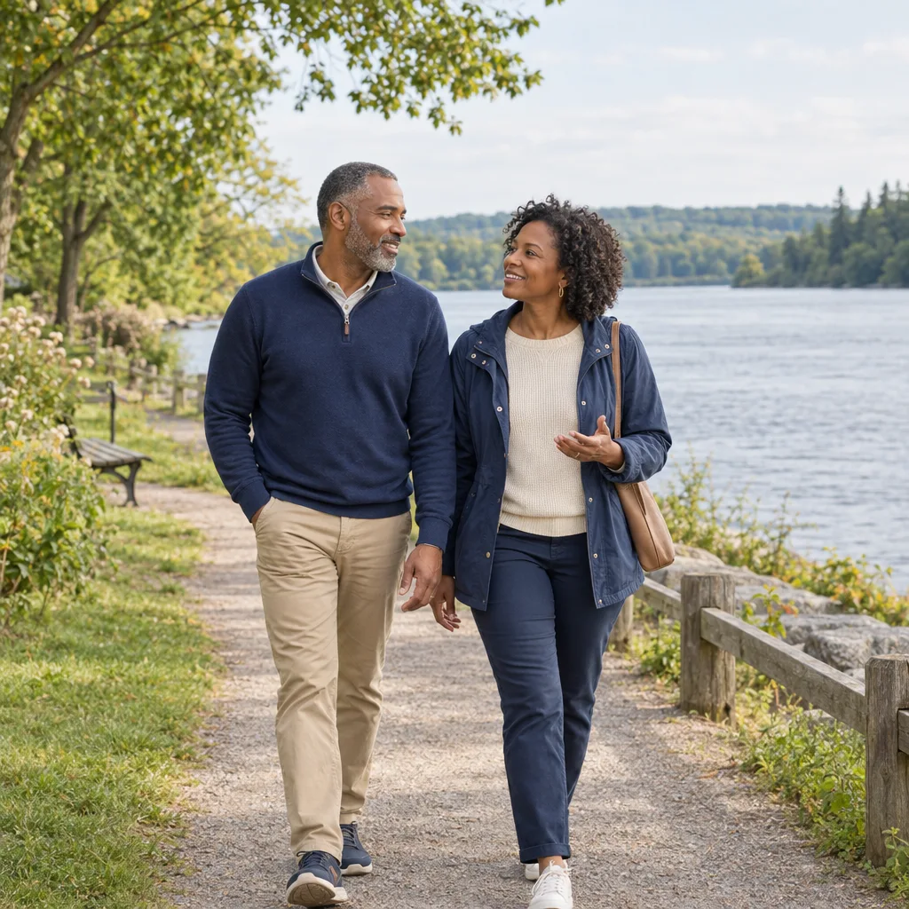 A couple walking along a leafy riverside trail