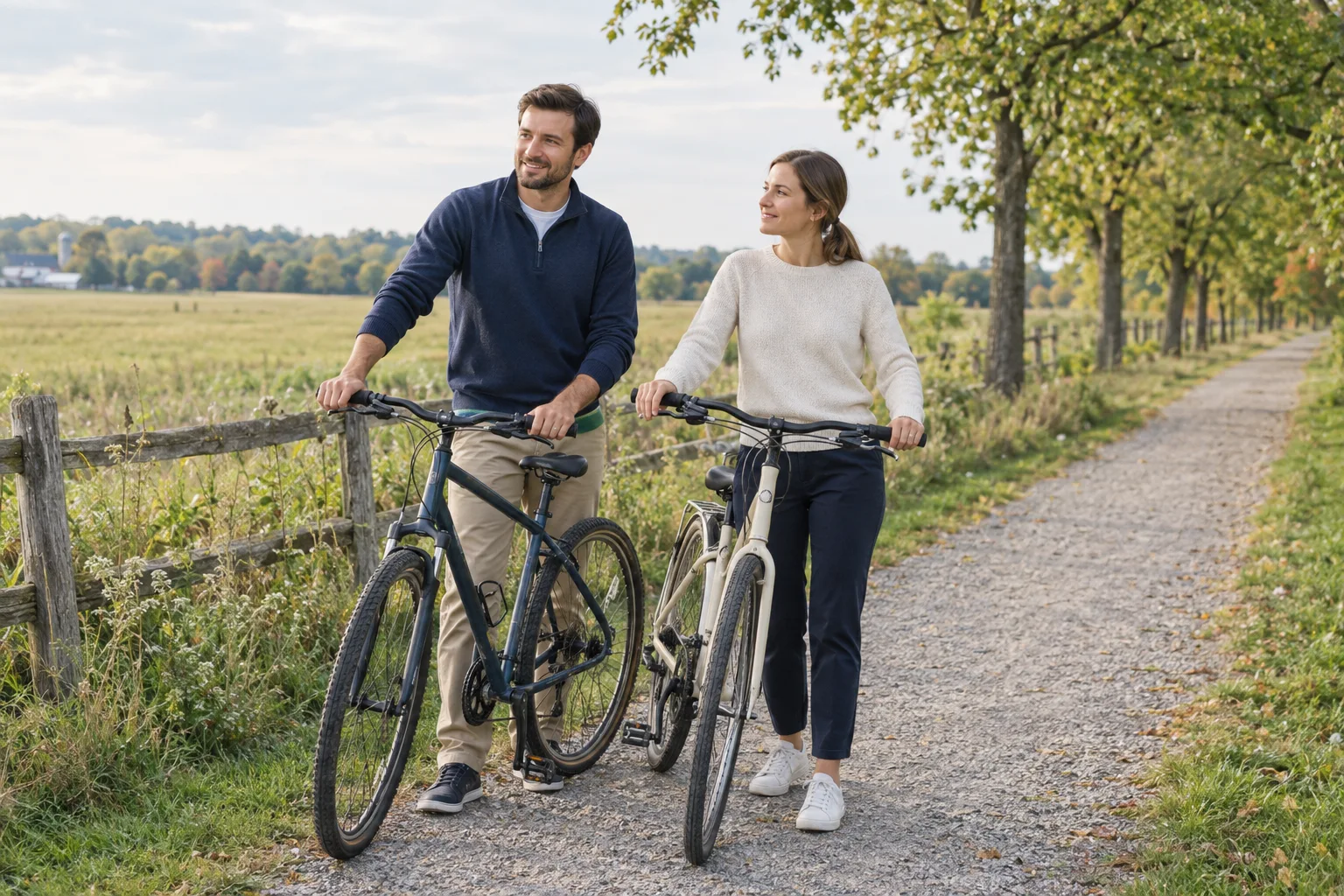 A couple pausing with bicycles beside a quiet country path