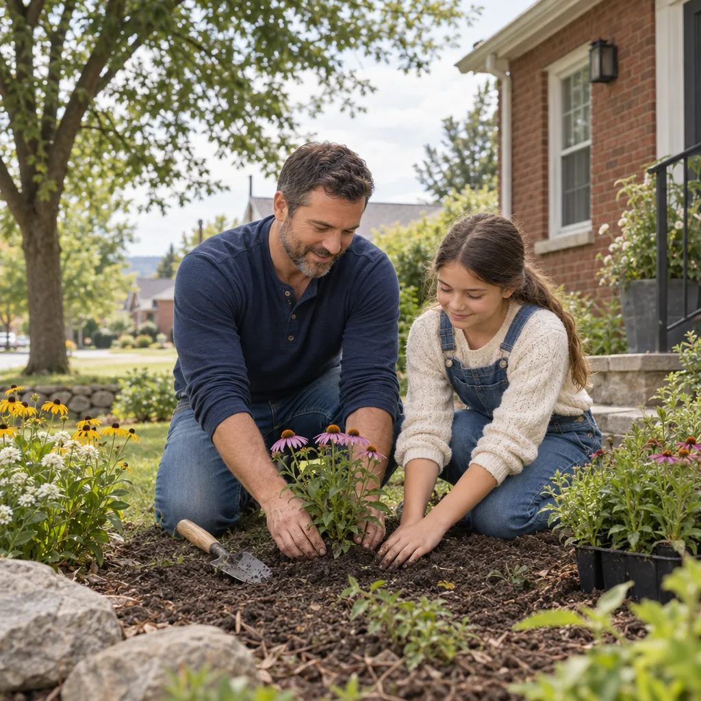 A father and daughter planting flowers outside their brick home