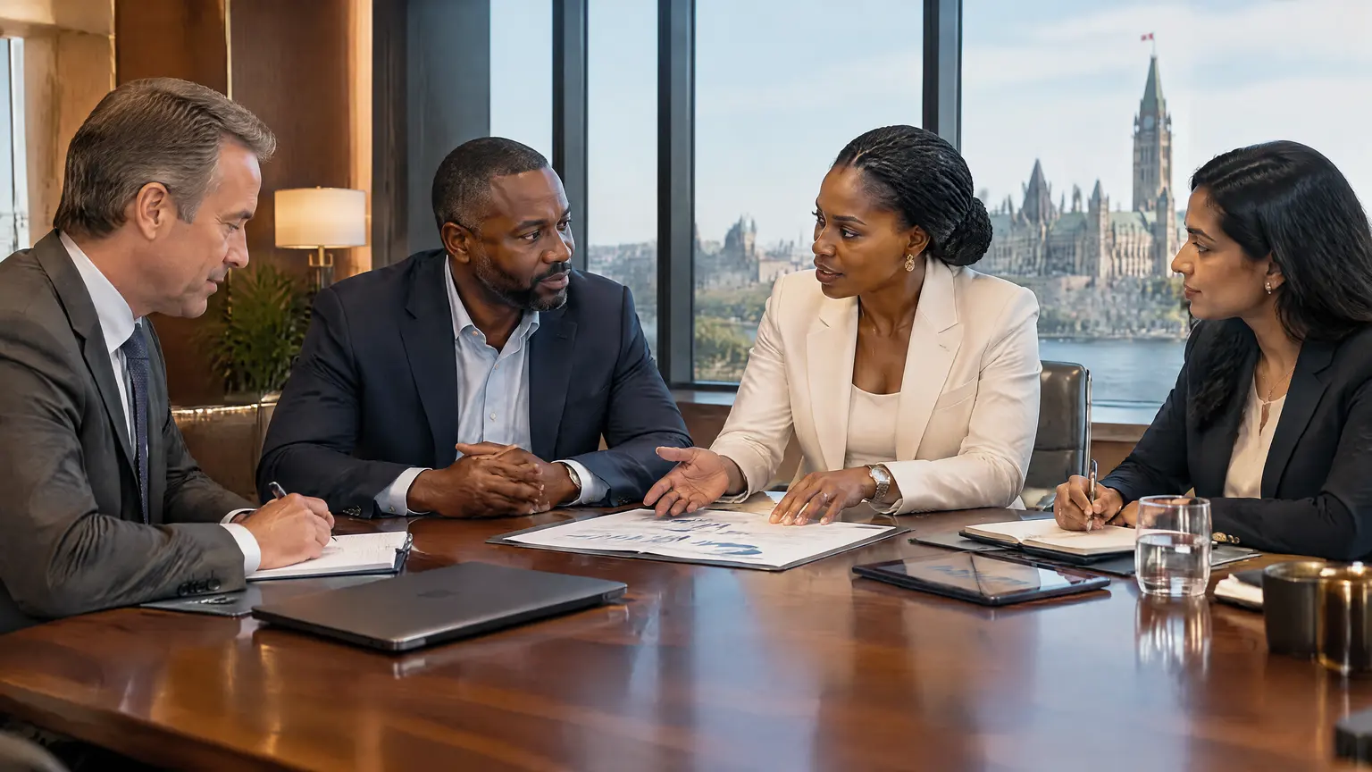Four professionals reviewing a financial plan together in an Ottawa boardroom