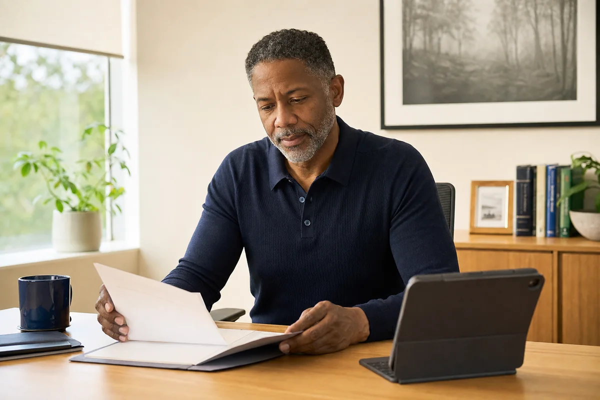 A physician reviewing financial paperwork and a tablet at his clinic desk