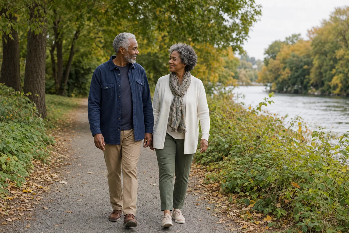 A mature couple enjoying a quiet walk beside the river in autumn