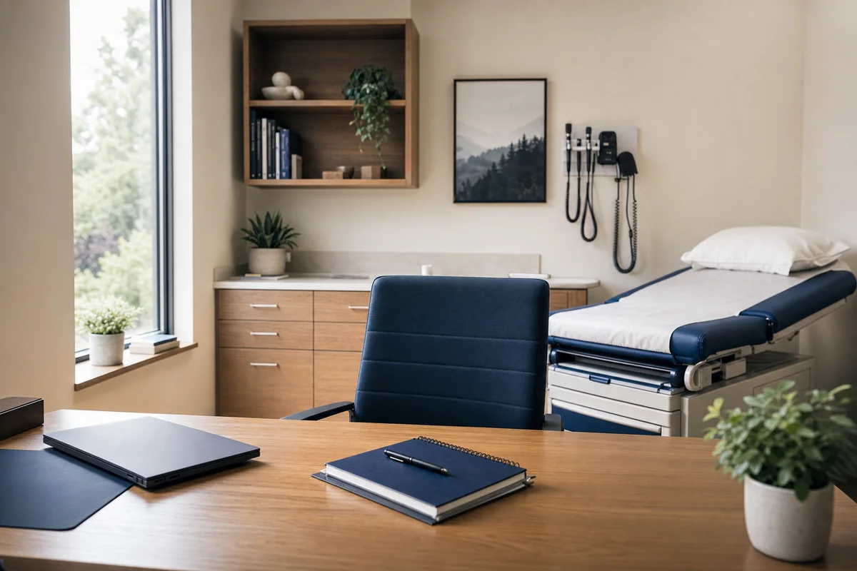 An empty medical consulting room with a desk and examination bed ready for the day