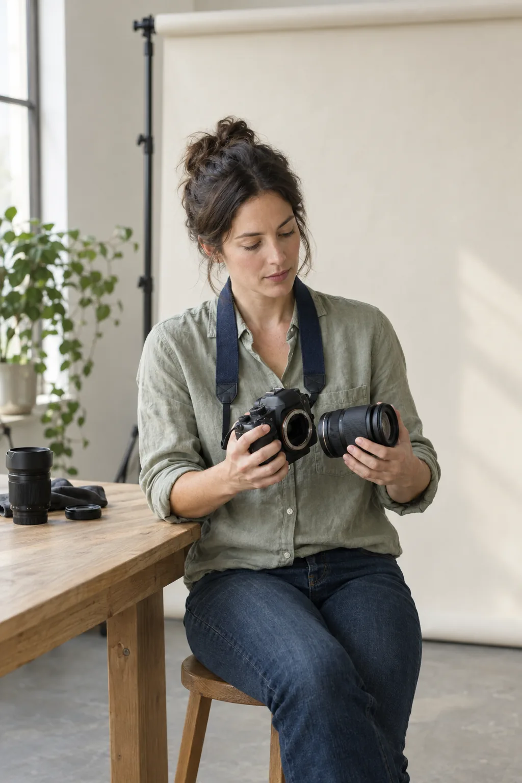 An independent photographer preparing a camera in her daylight studio