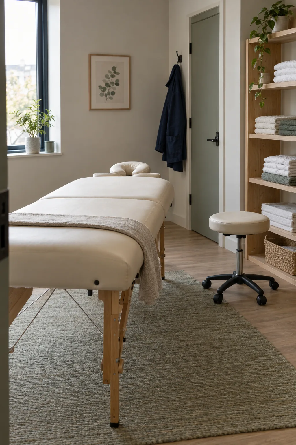 A quiet professional treatment room with an oak desk and neatly arranged supplies