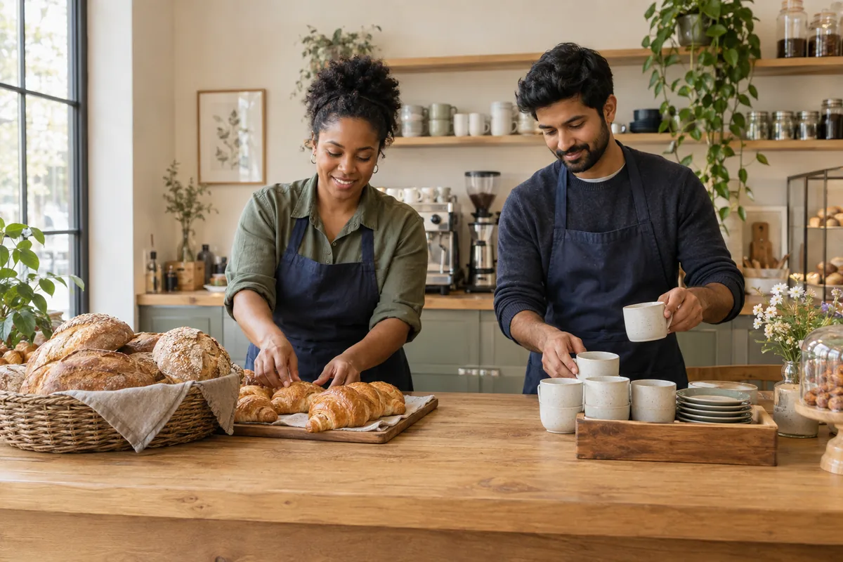 Two cafe owners preparing their counter before opening