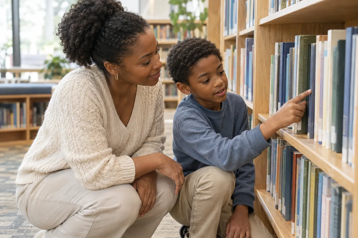 A parent and child choosing a book together in a library