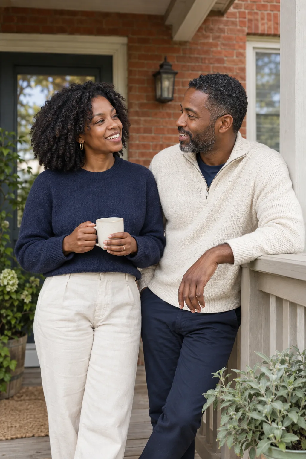 A couple pausing together on the porch of their home