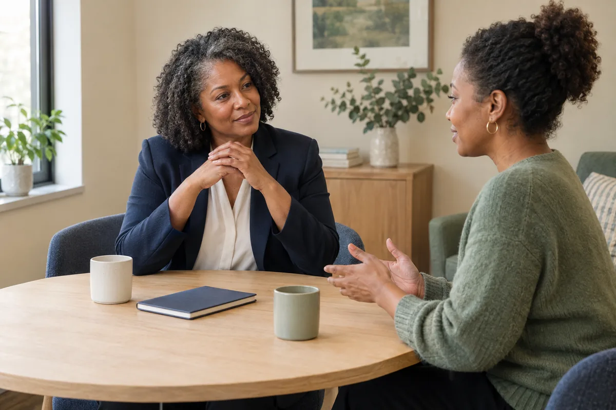 Illustrative financial review with a professional listening to a client