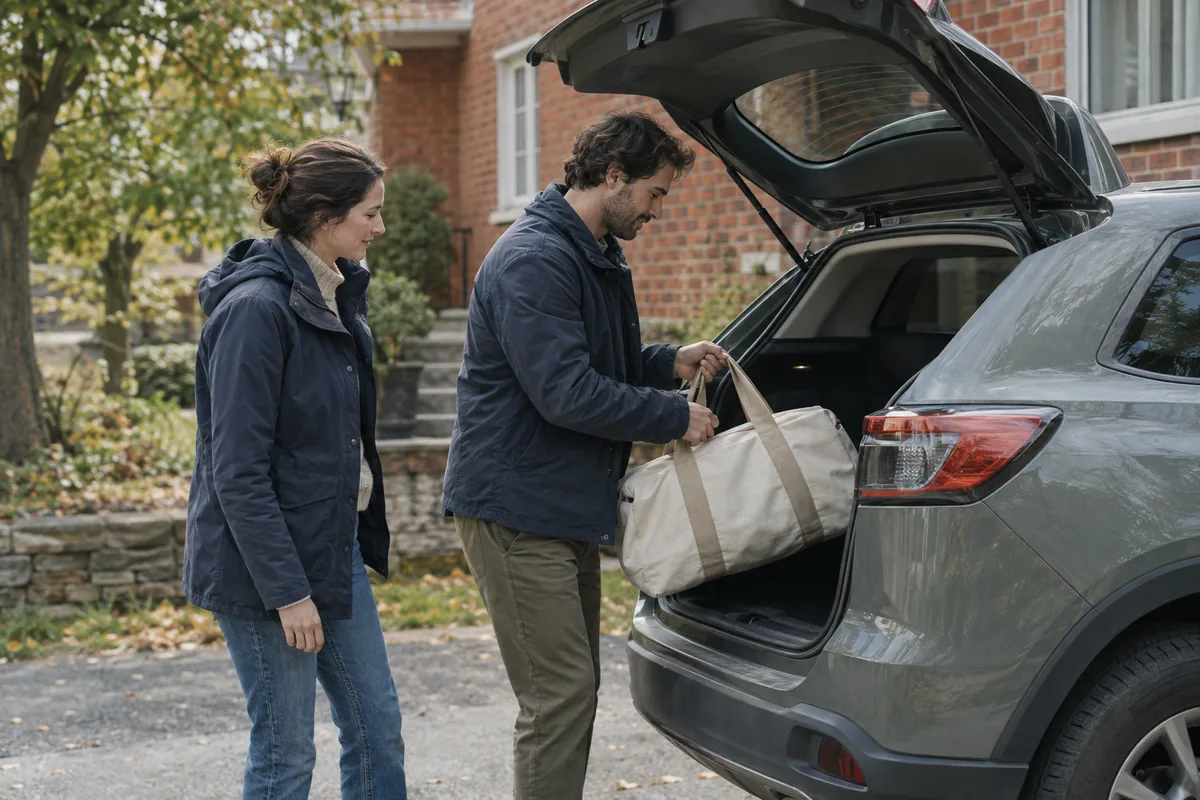 A couple loading a small overnight bag into a car beside their home