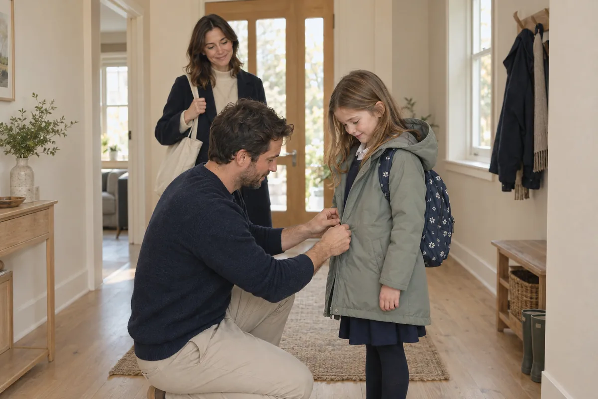 A parent helping a school-age child zip a coat before leaving home
