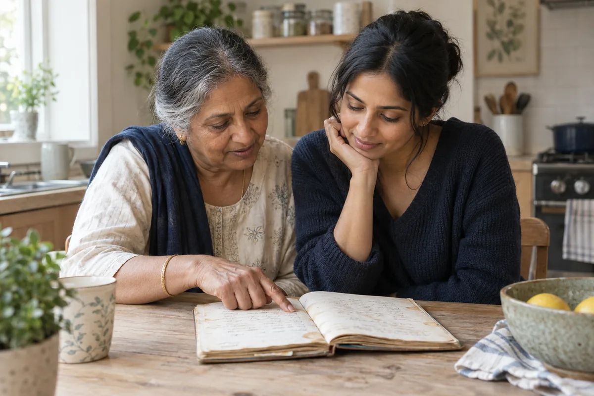 A grandmother sharing a family recipe book with her adult granddaughter