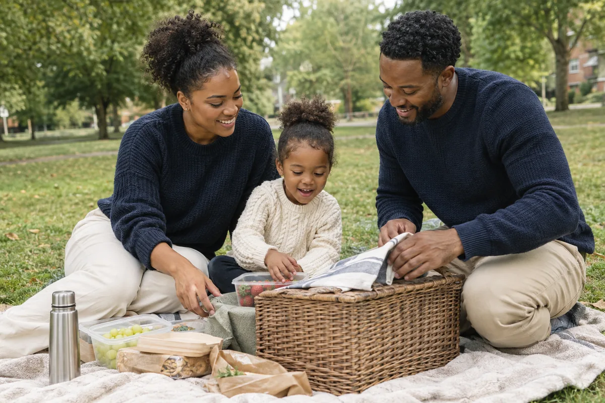 Parents helping their young child unpack a picnic in a park