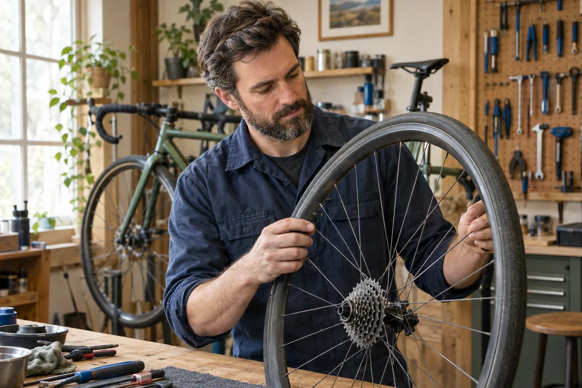 An independent bicycle shop owner checking a wheel in his workshop