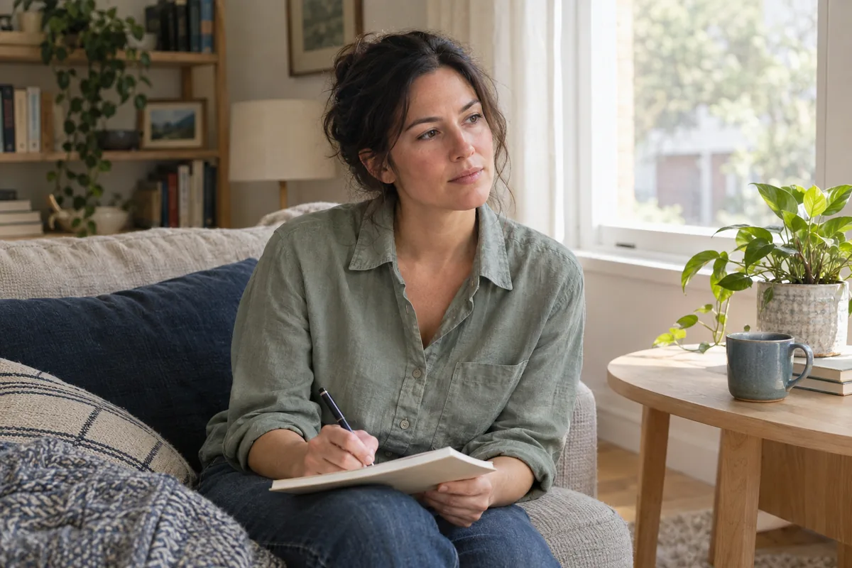 A woman considering her personal goals in a notebook at home