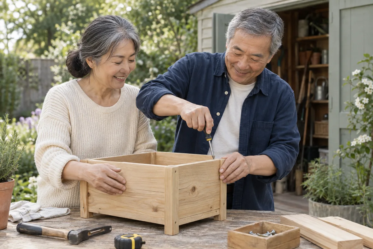 A retired couple building a small wooden planter together