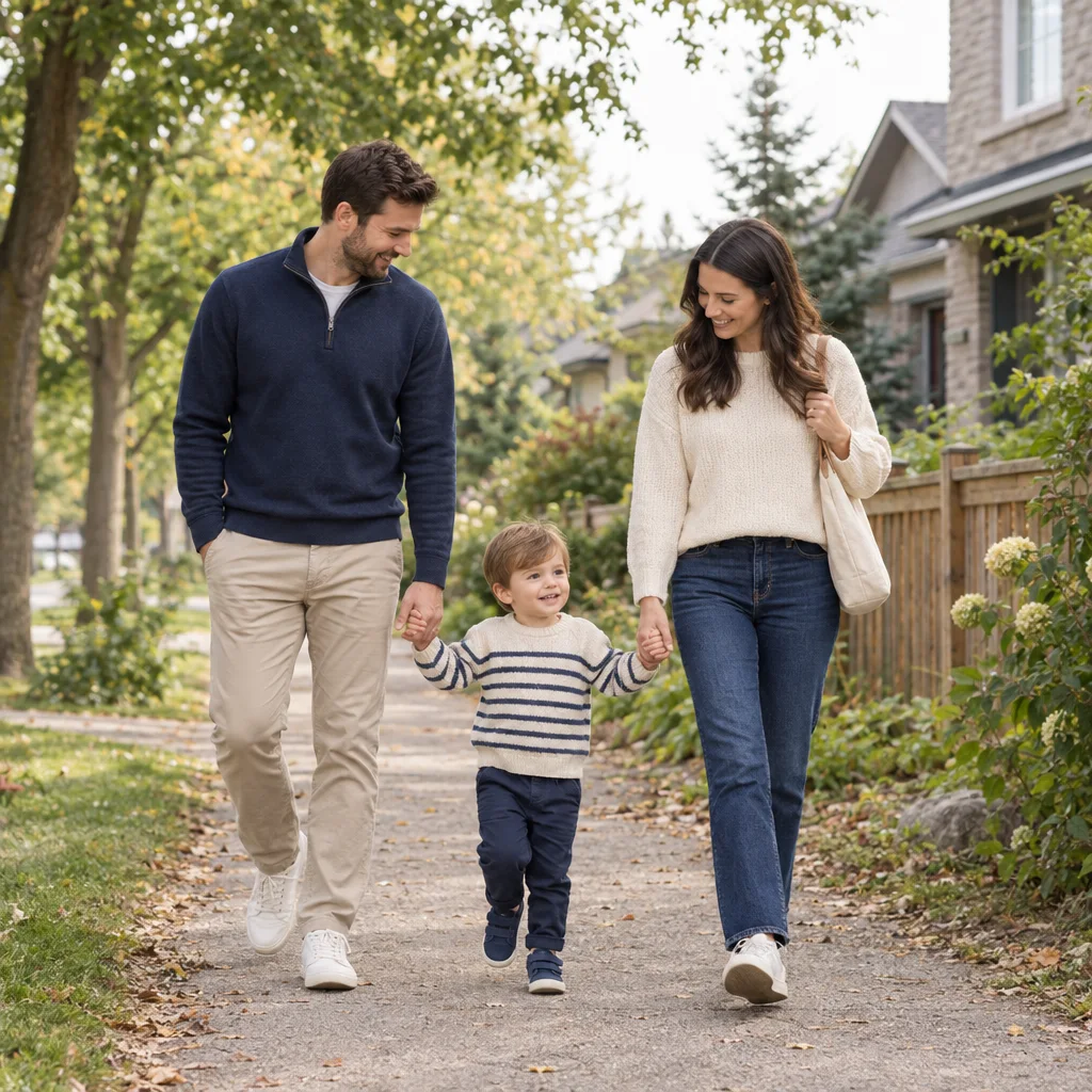 Parents walking with their young child along a neighbourhood path